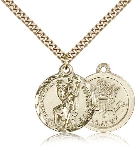 St. Christopher Army Medal, Gold Filled - 24&quot; 2.4mm Gold Plated Endless Chain