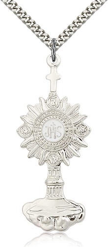 Monstrance Medal, Sterling Silver - 24&quot; 2.4mm Rhodium Plate Endless Chain