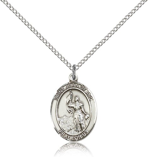St. Joan of Arc Medal, Sterling Silver, Medium - 18&quot; 1.2mm Sterling Silver Chain + Clasp
