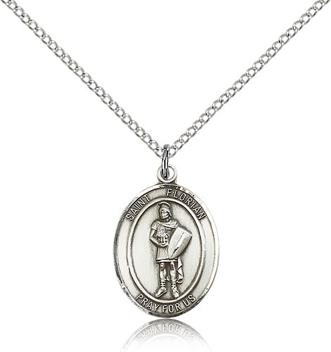 St. Florian Medal, Sterling Silver, Medium - 18&quot; 1.2mm Sterling Silver Chain + Clasp