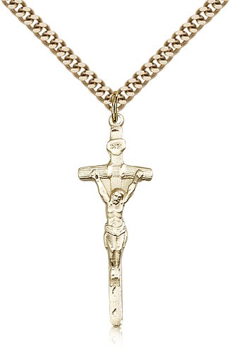 Papal Crucifix Pendant, Gold Filled - 24&quot; 2.4mm Gold Plated Endless Chain