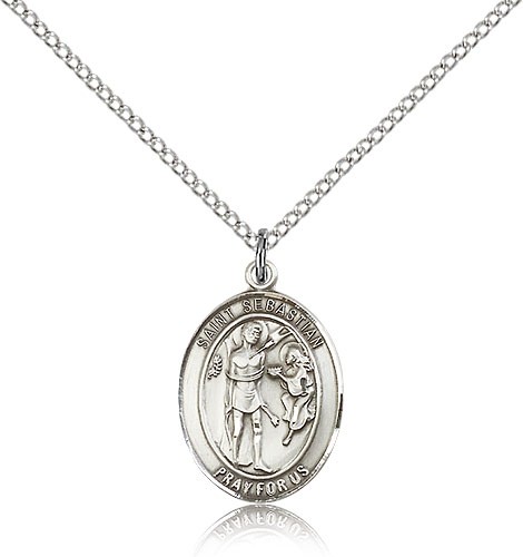 St. Sebastian Medal, Sterling Silver, Medium - 18&quot; 1.2mm Sterling Silver Chain + Clasp