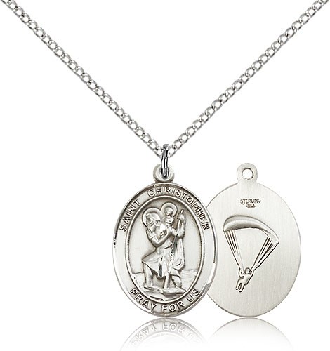 St. Christopher Paratrooper Medal, Sterling Silver, Medium - 18&quot; 1.2mm Sterling Silver Chain + Clasp