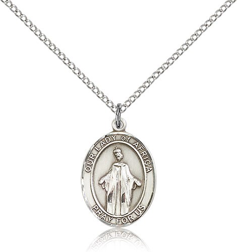 Our Lady of Africa Medal, Sterling Silver, Medium - 18&quot; 1.2mm Sterling Silver Chain + Clasp