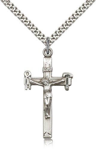 Crucifix Pendant, Sterling Silver - 24&quot; 2.4mm Rhodium Plate Endless Chain