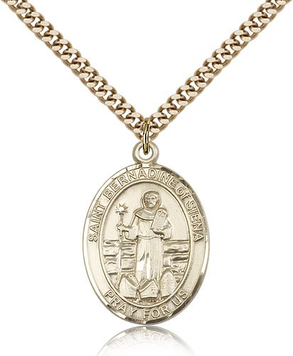 St. Bernadine of Sienna Medal, Gold Filled, Large - 24&quot; 2.4mm Gold Plated Chain + Clasp