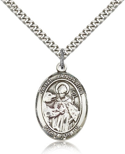 St. Januarius Medal, Sterling Silver, Large - 24&quot; 2.4mm Rhodium Plate Chain + Clasp