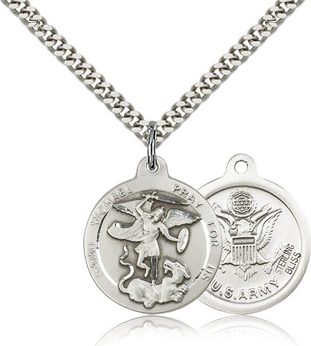 St. Michael Army Medal, Sterling Silver - 24&quot; 2.4mm Rhodium Plate Endless Chain