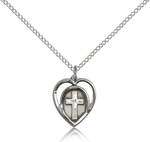 Heart Cross Pendant, Sterling Silver - 18&quot; 1.2mm Sterling Silver Chain + Clasp