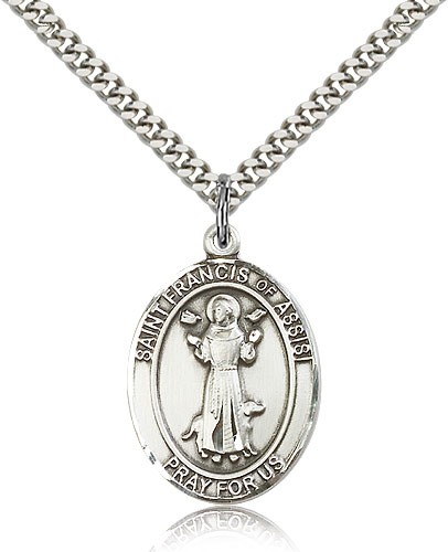 Men's Sterling Silver Saint Francis of Assisi Medal - 24&quot; 2.4mm Rhodium Plate Chain + Clasp