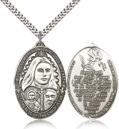 St. Therese Medal, Sterling Silver - 24&quot; 2.4mm Rhodium Plate Endless Chain