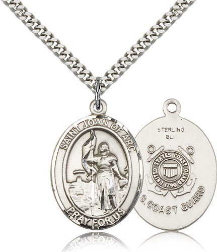 St. Joan of Arc  Coast Guard Medal, Sterling Silver, Large - 24&quot; 2.4mm Rhodium Plate Chain + Clasp