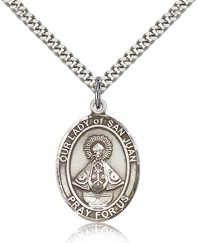 Our Lady of San Juan Medal, Sterling Silver, Large - 24&quot; 2.4mm Rhodium Plate Chain + Clasp