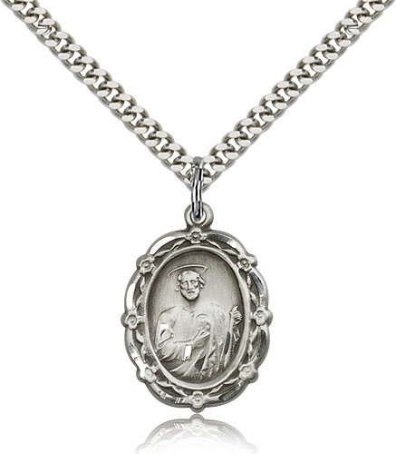 St. Jude Medal, Sterling Silver - 24&quot; 2.4mm Rhodium Plate Endless Chain