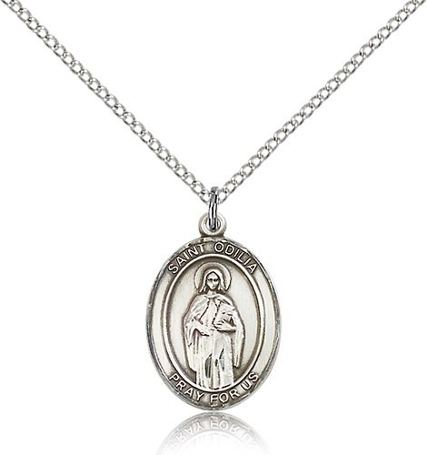St. Odilia Medal, Sterling Silver, Medium - 18&quot; 1.2mm Sterling Silver Chain + Clasp