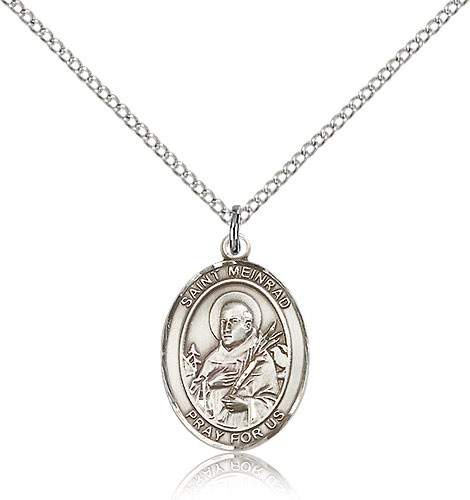 St. Meinrad of Einsideln Medal, Sterling Silver, Medium - 18&quot; 1.2mm Sterling Silver Chain + Clasp