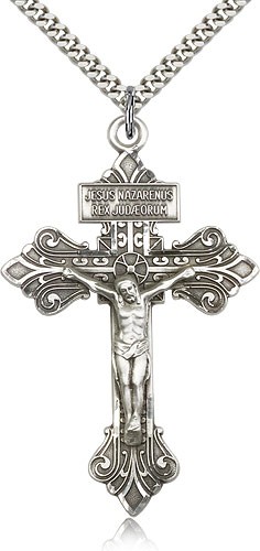 Crucifix Pendant, Sterling Silver - 24&quot; 2.4mm Rhodium Plate Endless Chain