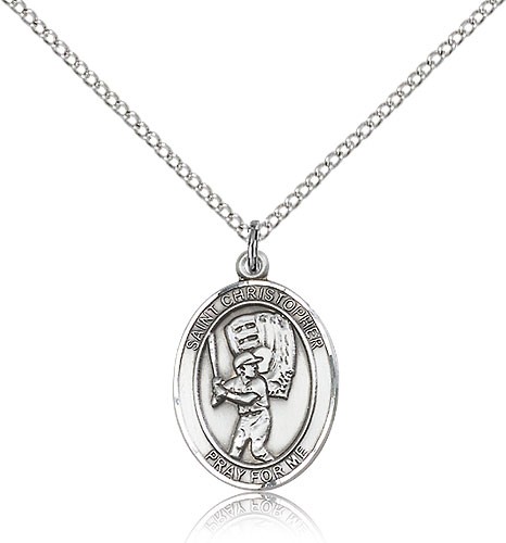 St. Christopher Baseball Medal, Sterling Silver, Medium - 18&quot; 1.2mm Sterling Silver Chain + Clasp