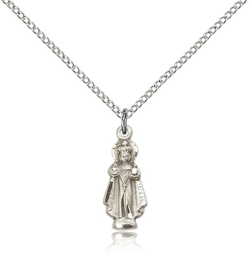 Infant of Prague Medal, Sterling Silver - 18&quot; 1.2mm Sterling Silver Chain + Clasp