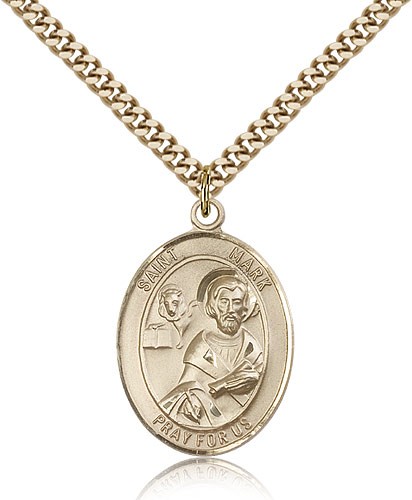 St. Mark the Evangelist Medal, Gold Filled, Large - 24&quot; 2.4mm Gold Plated Chain + Clasp