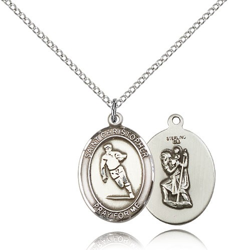 St. Christopher Rugby Medal, Sterling Silver, Medium - 18&quot; 1.2mm Sterling Silver Chain + Clasp
