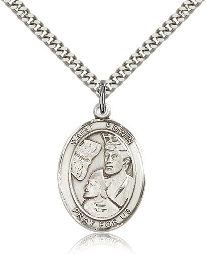 St. Edwin Medal, Sterling Silver, Large - 24&quot; 2.4mm Rhodium Plate Chain + Clasp