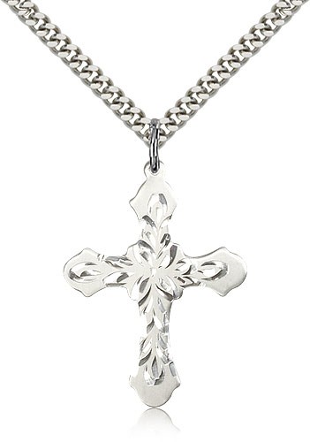 Cross Pendant, Sterling Silver - 24&quot; 2.4mm Rhodium Plate Endless Chain