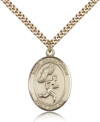 St. Christopher Track and Field Medal, Gold Filled, Large - 24&quot; 2.4mm Gold Plated Chain + Clasp