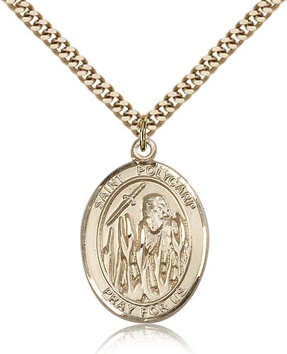 St. Polycarp of Smyrna Medal, Gold Filled, Large - 24&quot; 2.4mm Gold Plated Chain + Clasp
