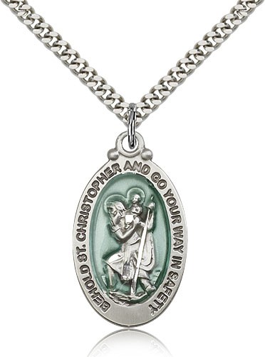 St. Christopher Medal, Sterling Silver - 24&quot; 2.4mm Rhodium Plate Endless Chain