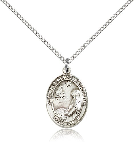 St. Catherine of Bologna Medal, Sterling Silver, Medium - 18&quot; 1.2mm Sterling Silver Chain + Clasp