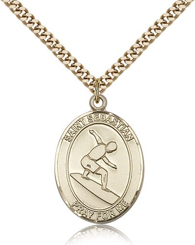 St. Sebastian Surfing Medal, Gold Filled, Large - 24&quot; 2.4mm Gold Plated Chain + Clasp
