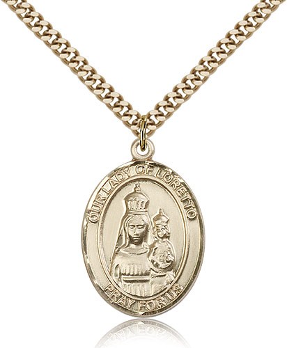 Our Lady of Loretto Medal, Gold Filled, Large - 24&quot; 2.4mm Gold Plated Chain + Clasp