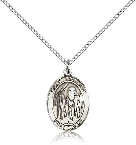 St. Polycarp of Smyrna Medal, Sterling Silver, Medium - 18&quot; 1.2mm Sterling Silver Chain + Clasp
