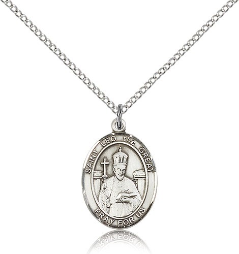 St. Leo the Great Medal, Sterling Silver, Medium - 18&quot; 1.2mm Sterling Silver Chain + Clasp