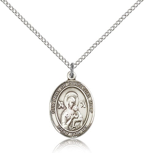 Our Lady of Perpetual Help Medal, Sterling Silver, Medium - 18&quot; 1.2mm Sterling Silver Chain + Clasp