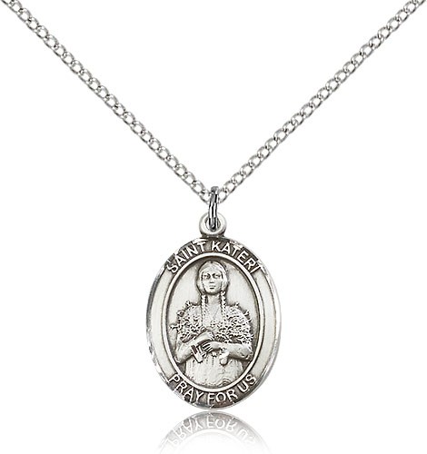 St. Kateri Medal, Sterling Silver, Medium - 18&quot; 1.2mm Sterling Silver Chain + Clasp