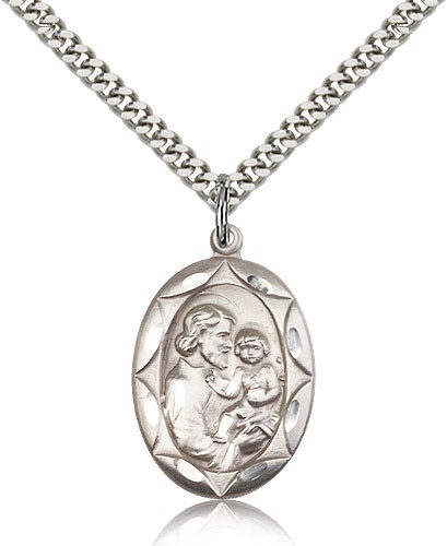 St. Joseph Medal, Sterling Silver - 24&quot; 2.4mm Rhodium Plate Endless Chain