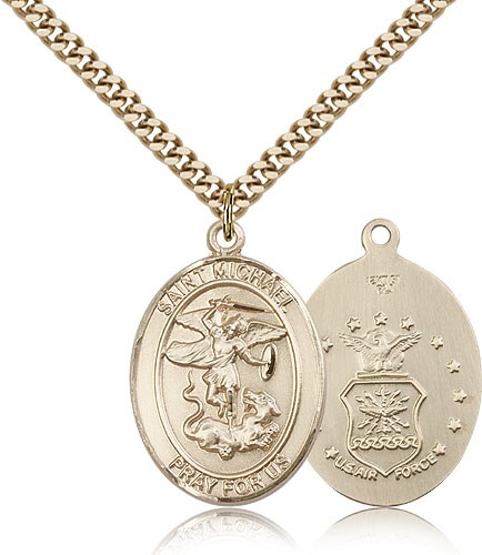 St. Michael Air Force Medal, Gold Filled, Large - 24&quot; 2.4mm Gold Plated Chain + Clasp
