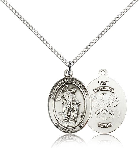 Guardian Angel National Guard Medal, Sterling Silver, Medium - 18&quot; 1.2mm Sterling Silver Chain + Clasp