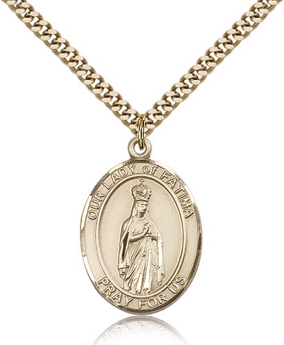 Our Lady of Fatima Medal, Gold Filled, Large - 24&quot; 2.4mm Gold Plated Chain + Clasp