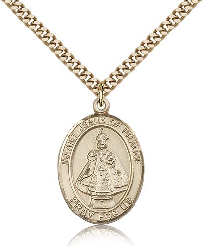 Infant of Prague Medal, Gold Filled, Large - 24&quot; 2.4mm Gold Plated Chain + Clasp