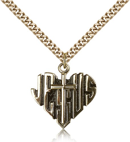 Heart of Jesus Cross Pendant, Gold Filled - 24&quot; 2.4mm Gold Plated Endless Chain