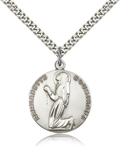 St. Bernadette Medal, Sterling Silver - 24&quot; 2.4mm Rhodium Plate Endless Chain