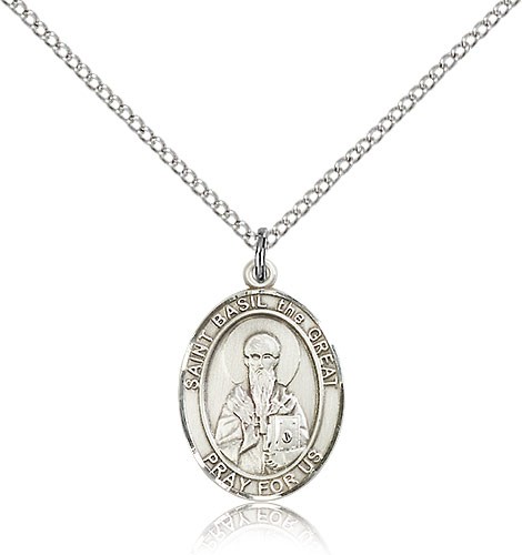 St. Basil the Great Medal, Sterling Silver, Medium - 18&quot; 1.2mm Sterling Silver Chain + Clasp