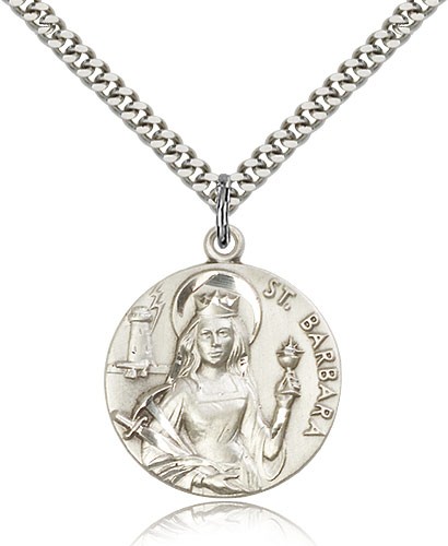 St. Barbara Medal, Sterling Silver - 24&quot; 2.4mm Rhodium Plate Endless Chain
