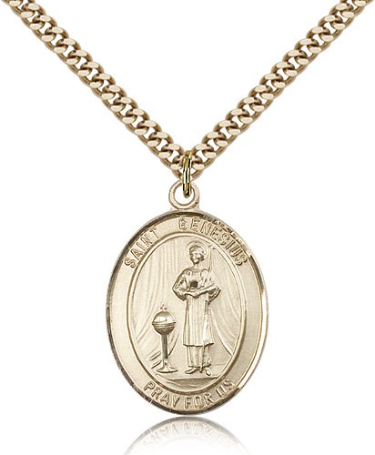 St. Genesius of Rome Medal, Gold Filled, Large - 24&quot; 2.4mm Gold Plated Chain + Clasp