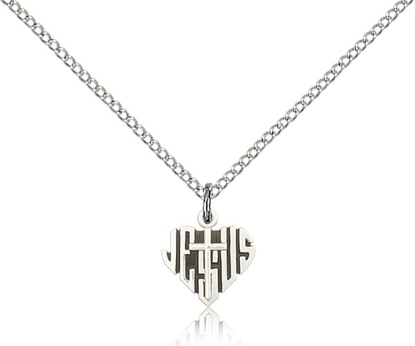 Heart of Jesus Cross Pendant, Sterling Silver - 18&quot; 1.2mm Sterling Silver Chain + Clasp