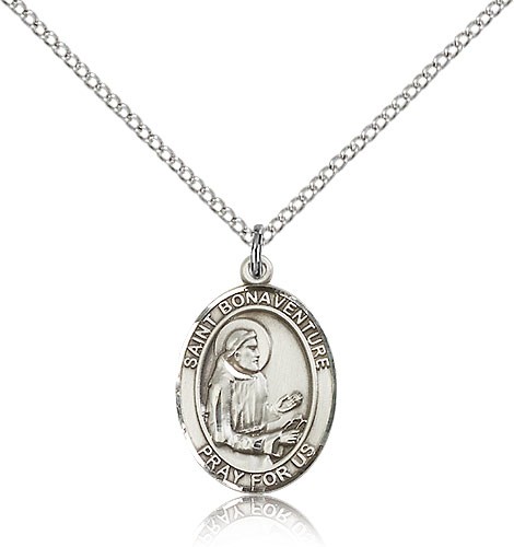 St. Bonaventure Medal, Sterling Silver, Medium - 18&quot; 1.2mm Sterling Silver Chain + Clasp