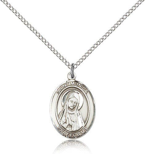 St. Monica Medal, Sterling Silver, Medium - 18&quot; 1.2mm Sterling Silver Chain + Clasp